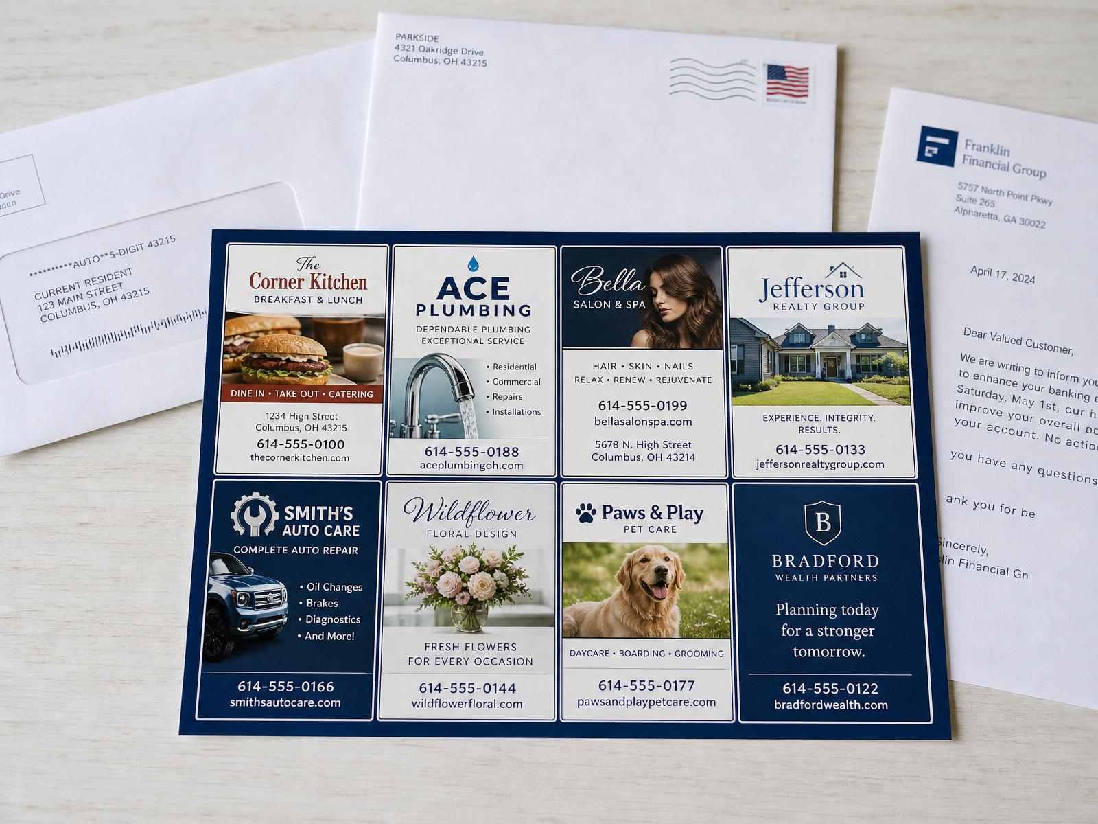 9x12 inch landscape shared postcard with local business ad spots, shown on a table with regular mail